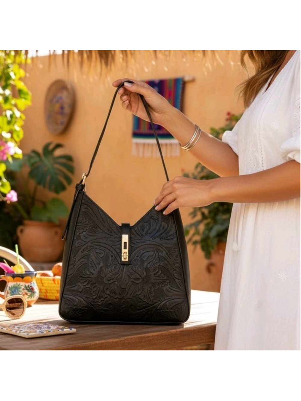 Black FLORAL Embossed Tooled Artisan LEATHER Shoulder Bag Purse